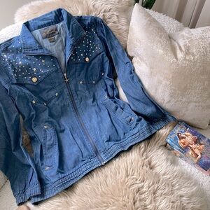 Vintage ⭐️ Mureli Sport denim jean stud gold stars zip jacket windbreaker Cotton